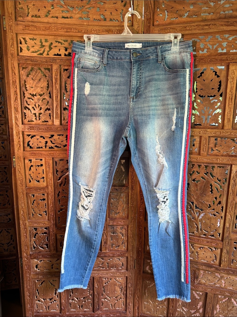 Cello Blue Skinny Jeans with Red & White Side Stripes. Size 14